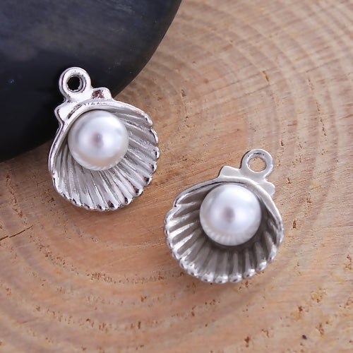 Charms, Shell, White, Imitation Pearl, Silver Plated, Alloy, 12mm - BEADED CREATIONS