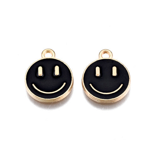 Charms, Smiley Face, Black, Enamel, Light Gold, Alloy, 14.5mm - BEADED CREATIONS