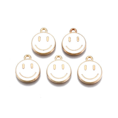 Charms, Smiley Face, White, Enamel, Light Gold, Alloy, 14.5mm - BEADED CREATIONS