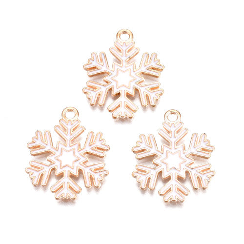 Charms, Snowflake, White, Enamel, Gold Plated, Alloy, 18mm - BEADED CREATIONS