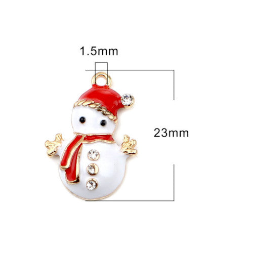 Charms, Snowman, White, Enamel, With Crystals, Gold Plated, 15mm - BEADED CREATIONS