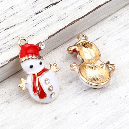 Charms, Snowman, White, Enamel, With Crystals, Gold Plated, 15mm - BEADED CREATIONS