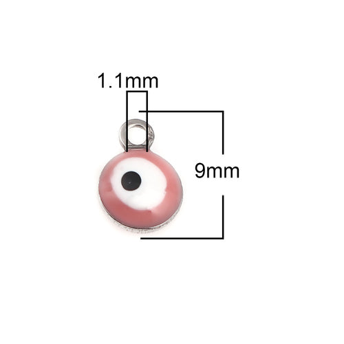 Charms, Stainless Steel, Evil Eye, Round, Enamel, Mixed, Silver, 9mm - BEADED CREATIONS