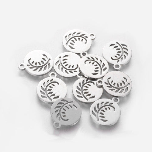 Charms, Stainless Steel, Flat, Round, Laser-Cut, Leaf, Silver, 14mm - BEADED CREATIONS