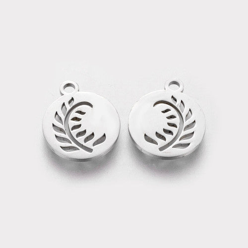 Charms, Stainless Steel, Flat, Round, Laser-Cut, Leaf, Silver, 14mm - BEADED CREATIONS