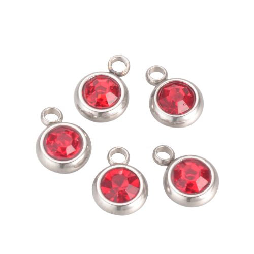 Charms, Stainless Steel, Flat, Round, Rhinestone, July Birthstone, Ruby, 8.5mm - BEADED CREATIONS