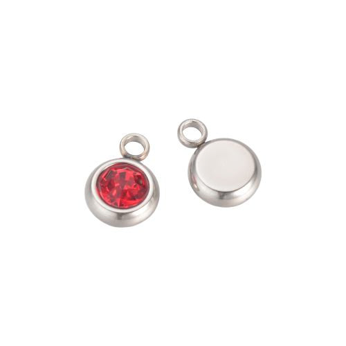 Charms, Stainless Steel, Flat, Round, Rhinestone, July Birthstone, Ruby, 8.5mm - BEADED CREATIONS