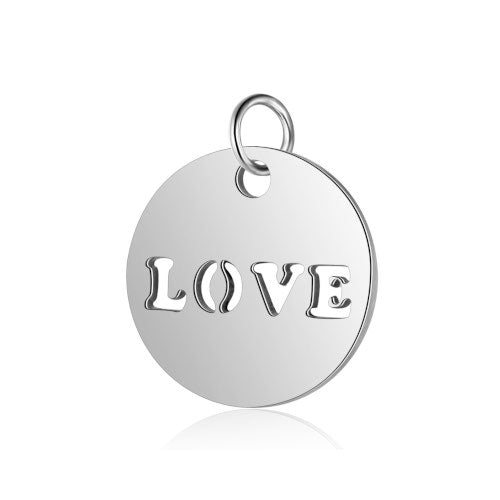 Charms, Stainless Steel, Flat, Round, With Word LOVE, Silver, 12mm - BEADED CREATIONS