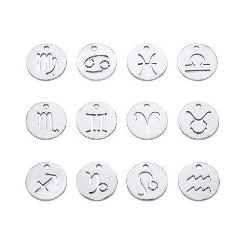 Charms, Stainless Steel, Flat, Round, Zodiac Signs, Silver, 12mm - BEADED CREATIONS