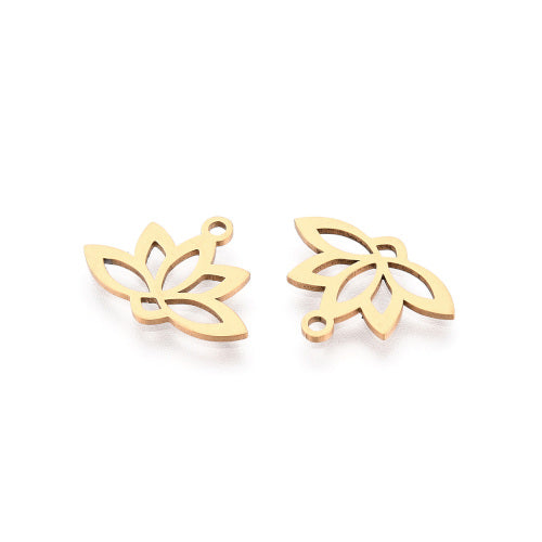 Charms, Stainless Steel, Laser-Cut, Lotus Flower, 18K Gold Plated, 14mm - BEADED CREATIONS