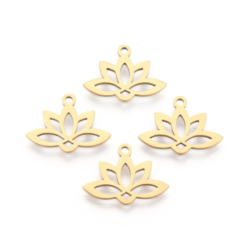 Charms, Stainless Steel, Laser-Cut, Lotus Flower, 18K Gold Plated, 14mm - BEADED CREATIONS