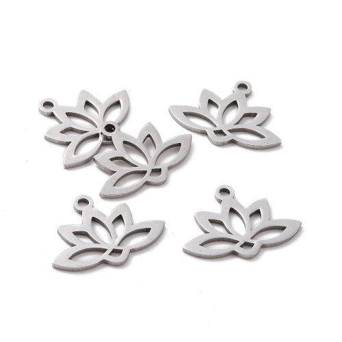 Charms, Stainless Steel, Laser-Cut, Lotus Flower, Silver, 14mm - BEADED CREATIONS