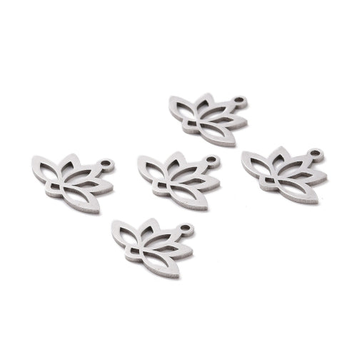 Charms, Stainless Steel, Laser-Cut, Lotus Flower, Silver, 14mm - BEADED CREATIONS