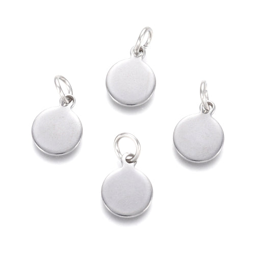 Charms, Stainless Steel, Round, Blank Tags, With Jump Ring, Silver, 10.5mm - BEADED CREATIONS