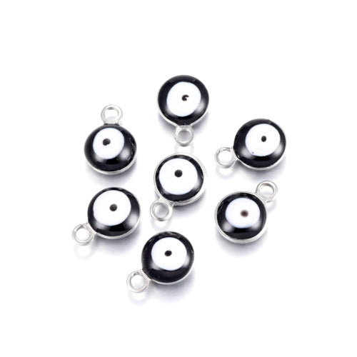 Charms, Stainless Steel, Round, Evil Eye, Black, Enamel, Silver, 6mm - BEADED CREATIONS