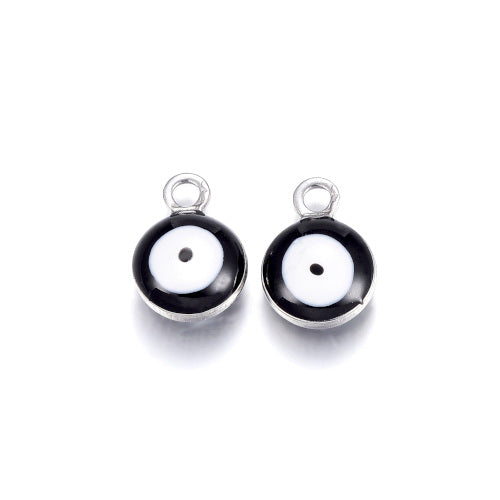 Charms, Stainless Steel, Round, Evil Eye, Black, Enamel, Silver, 6mm - BEADED CREATIONS