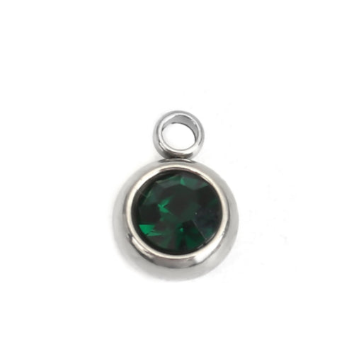 Charms, Stainless Steel, Round, Silver, Bezel, Dark Green, Glass, 8mm - BEADED CREATIONS