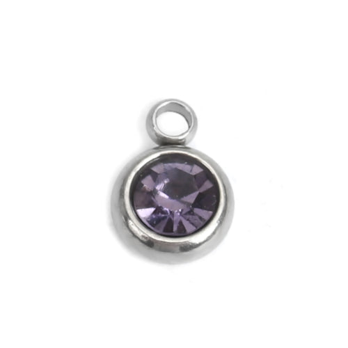 Charms, Stainless Steel, Round, Silver, Bezel, Mauve, Glass, 8mm - BEADED CREATIONS