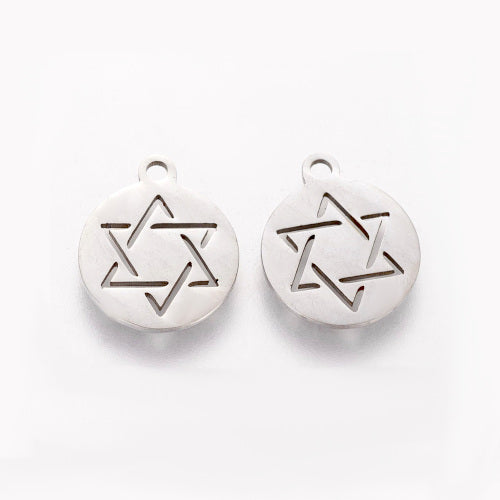 Charms, Stainless Steel, Star Of David, Round, Laser-Cut, Silver, 14mm - BEADED CREATIONS