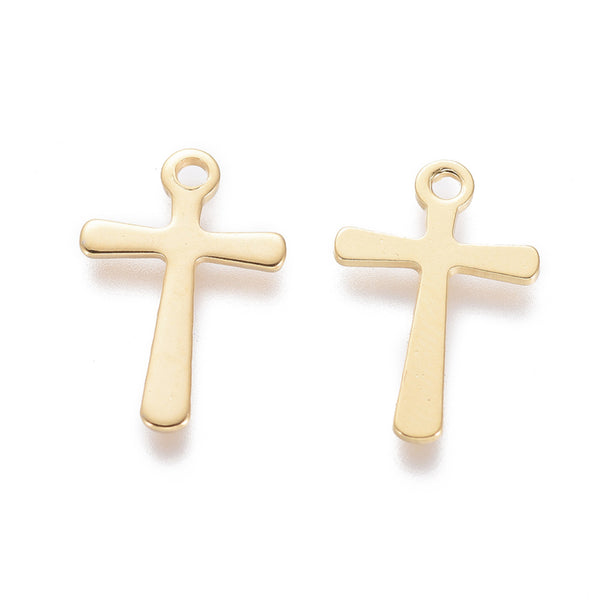 Charms, Stainless Steel, Cross, Gold Plated, 15mm - BEADED CREATIONS