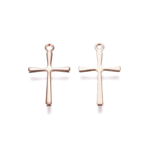 Charms, Stainless Steel, Cross, Rose Gold, 16mm - BEADED CREATIONS