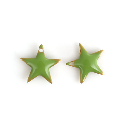 Charms, Star, Double-Sided, Green, Enameled, Brass, 12mm - BEADED CREATIONS