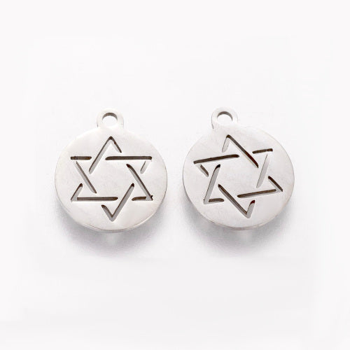 Charms, Star Of David, Round, Laser-Cut, Stainless Steel, Silver, 14mm - BEADED CREATIONS