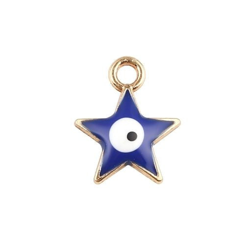 Charms, Star, With Evil Eye, Dark Blue, Enamel, Golden Alloy, 14mm - BEADED CREATIONS