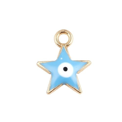 Charms, Star, With Evil Eye, Light Blue, Enamel, Golden Alloy, 14mm - BEADED CREATIONS