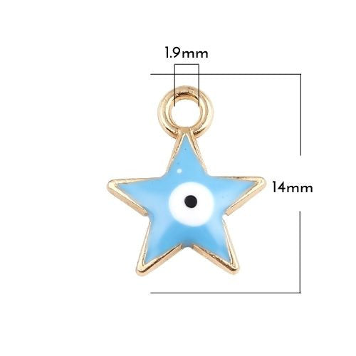 Charms, Star, With Evil Eye, Light Blue, Enamel, Golden Alloy, 14mm - BEADED CREATIONS