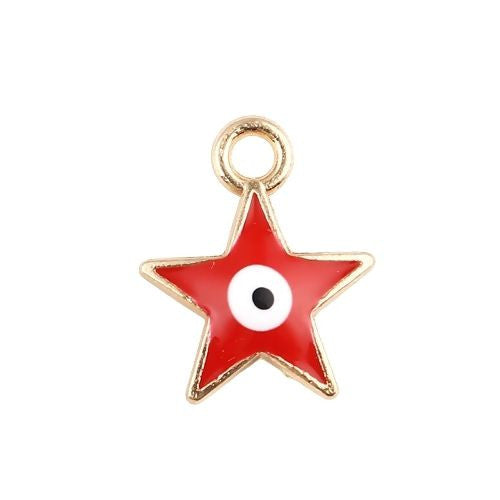 Charms, Star, With Evil Eye, Red, Enamel, Golden Alloy, 14mm - BEADED CREATIONS