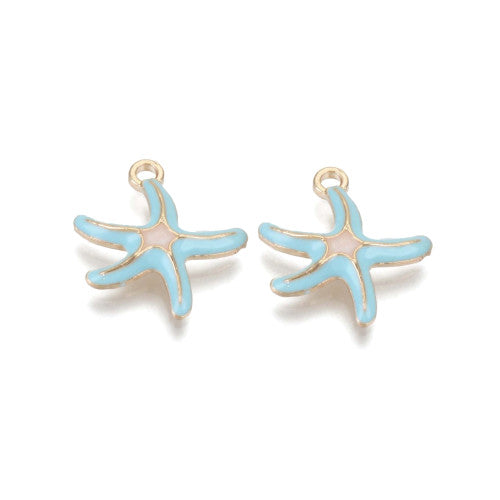 Charms, Starfish, Light Cyan, Enamel, Light Gold, Alloy, 19.5mm - BEADED CREATIONS