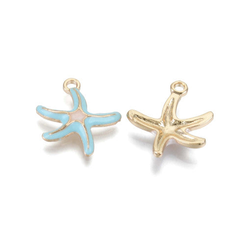 Charms, Starfish, Light Cyan, Enamel, Light Gold, Alloy, 19.5mm - BEADED CREATIONS