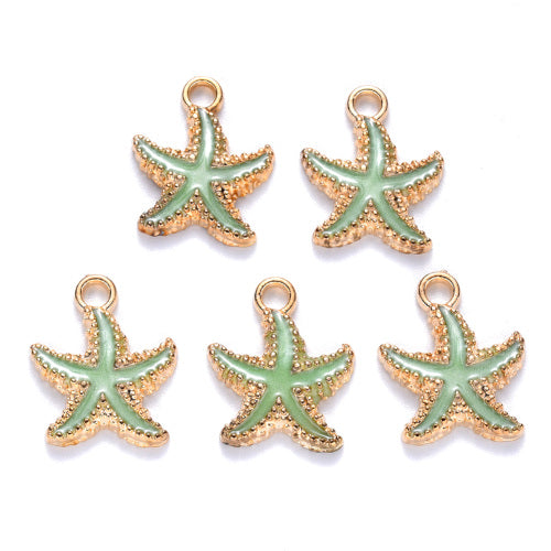 Charms, Starfish, Pale Green, Enamel, Light Gold, Alloy, 18mm - BEADED CREATIONS