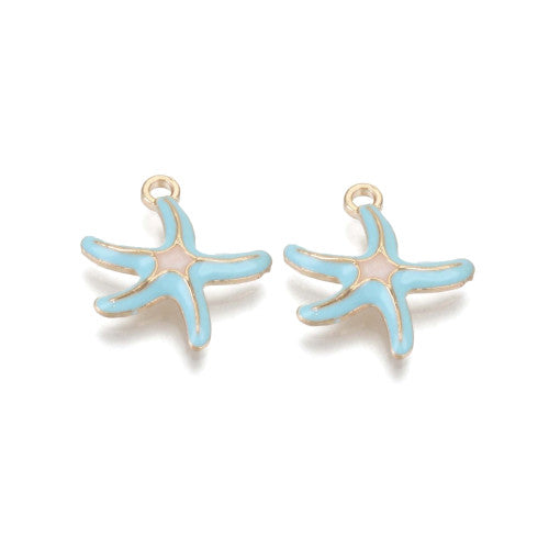 Charms, Starfish, Single-Sided, Cyan, Enameled, Light Gold Plated, Alloy, 19.5mm
