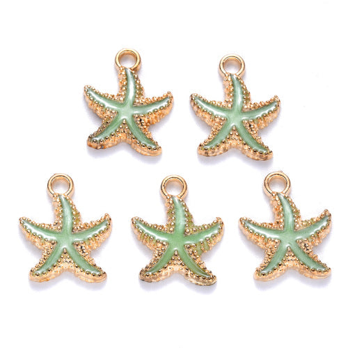 Charms, Starfish, Single-Sided, Pale Green, Enameled, Light Gold Plated, Alloy, 18mm - BEADED CREATIONS