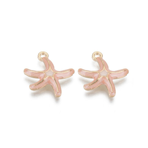 Charms, Starfish, Single-Sided, Pink, Enameled, Light Gold Plated, Alloy, 19.5mm - BEADED CREATIONS