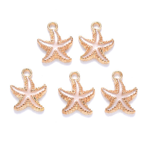 Charms, Starfish, Single-Sided, White, Enameled, Light Gold Plated, Alloy, 18mm - BEADED CREATIONS