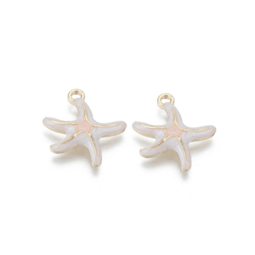 Charms, Starfish, Single-Sided, White, Enameled, Light Gold Plated, Alloy, 19.5mm