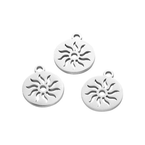 Charms, Sun, Flat, Round, Laser Cut, Stainless Steel, Silver, 14mm - BEADED CREATIONS