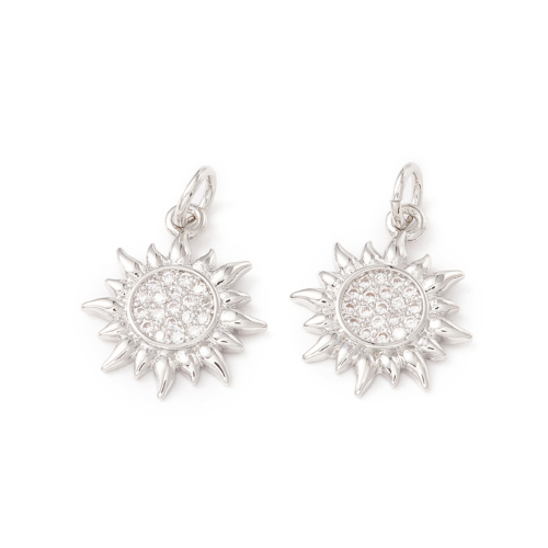 Charms, Sun, Micro Pave, Silver, Platinum Plated, Brass, 16mm - BEADED CREATIONS