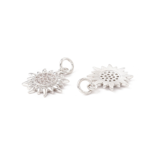 Charms, Sun, Micro Pave, Silver, Platinum Plated, Brass, 16mm - BEADED CREATIONS
