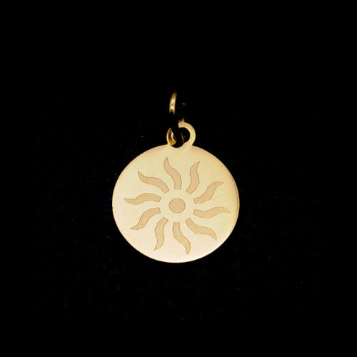 Charms, Sun, Round, Etched, Stainless Steel, Gold Plated, 14.5mm - BEADED CREATIONS