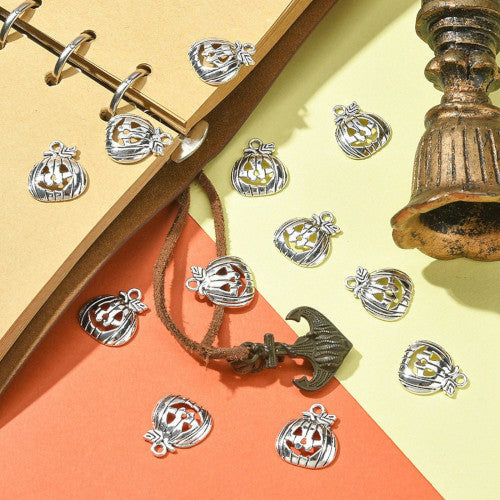Charms, Tibetan Style, Single-Sided, Halloween, Jack-O-Lantern, Antique Silver, Alloy, 18mm - BEADED CREATIONS