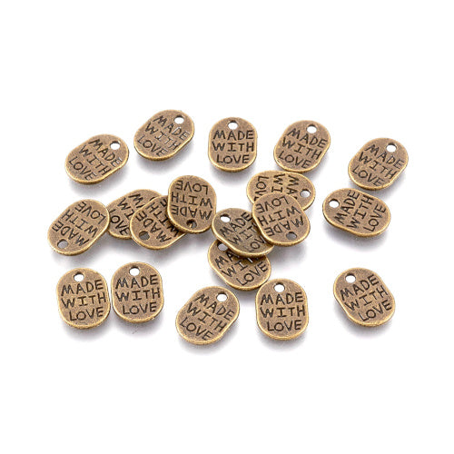 Charms, Tibetan Style, Single-Sided, Oval, With Words Made With Love, Antique Bronze, Alloy, 11mm - BEADED CREATIONS