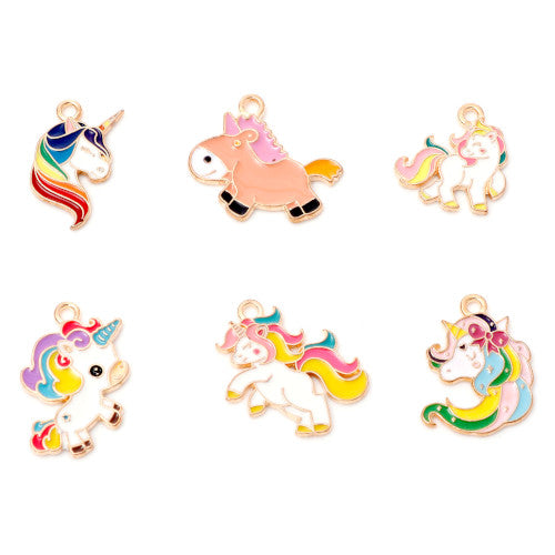 Charms, Unicorn, Single-Sided, Light Gold Plated, Multicolored, Enameled, Alloy, Assorted - BEADED CREATIONS