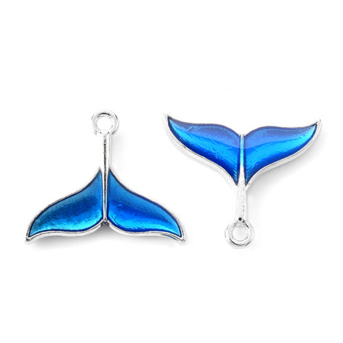 Charms, Whale Tail, Blue, Enamel, Silver, Alloy, 17mm - BEADED CREATIONS