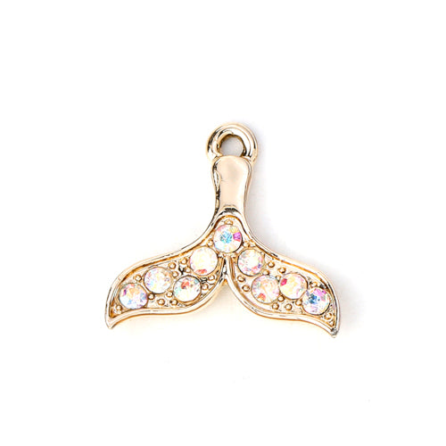 Charms, Whale Tail, Single-Sided, With AB Rhinestones, Golden, Alloy, 20mm - BEADED CREATIONS