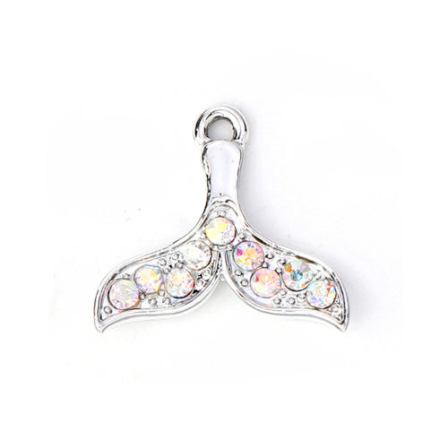 Charms, Whale Tail, Single-Sided, With AB Rhinestones, Silver, Alloy, 20mm - BEADED CREATIONS