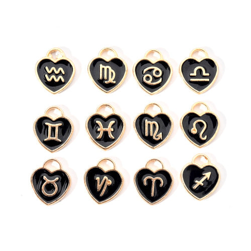 Charms, Zodiac Signs, Heart, Black, Enamel, Light Gold, Alloy, 14mm - BEADED CREATIONS